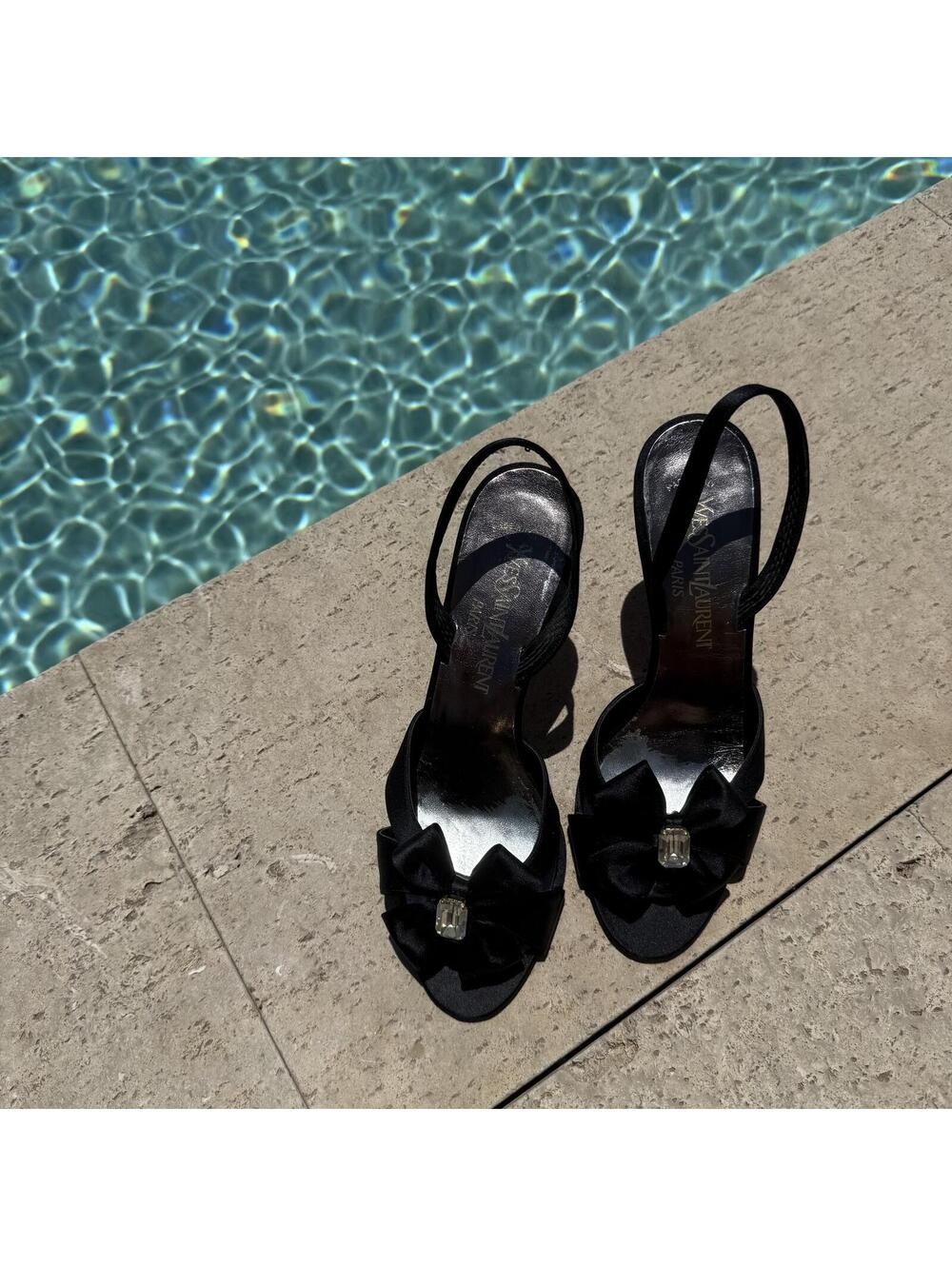 Vintage Yves Saint Laurent YSL Black Satin Slingback Heels Bow Gem Flawed